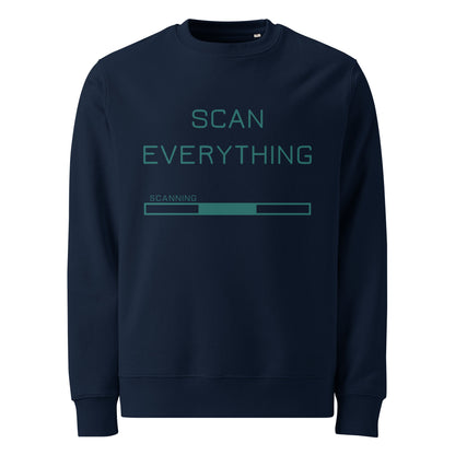 ghost view of navy organic cotton gamer merch hoodie with mint green "Scan Everything " slogan and scanning progress bar graphic.
