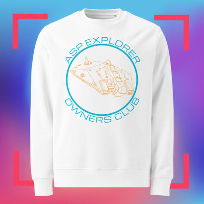 ghost view of white organic cotton sweatshirt with orange and blue Asp Explorers club design