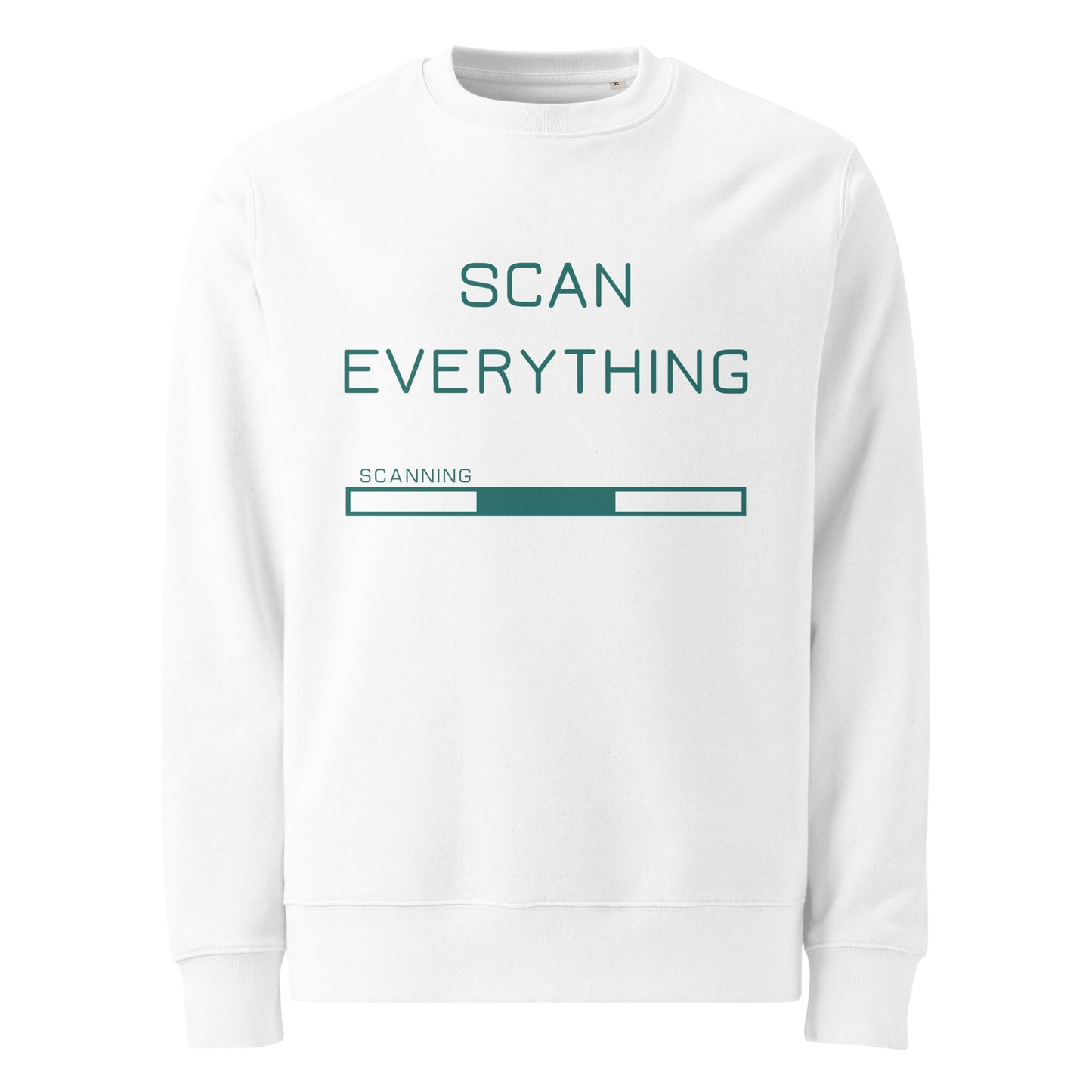 ghost view of white organic cotton gamer merch sweatshirt with mint green "Scan Everything " slogan and scanning progress bar graphic. 