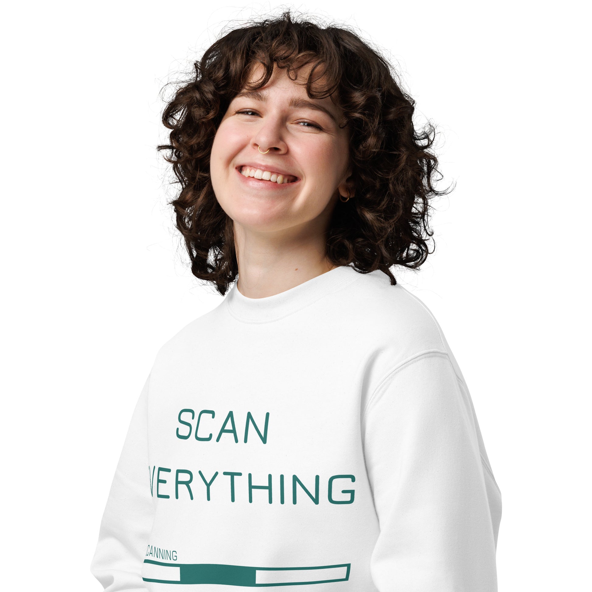 close view of woman wearing white organic cotton gamer merch sweatshirt with mint green "Scan Everything " slogan and scanning progress bar graphic. 