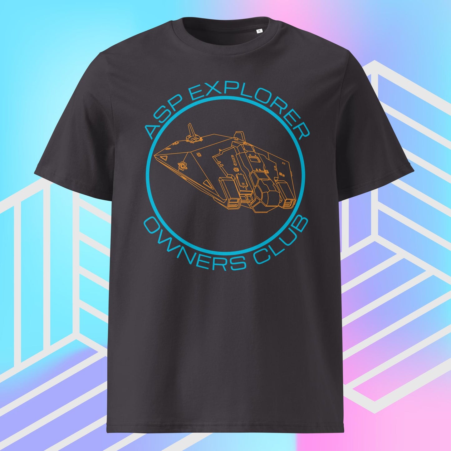 ghost view of dark grey (anthracite) Asp Explorer Owners club t-shirt in orange and blue, with wireframe image of Asp explorer and text round a circle. The backdrop is blue, pink and purple gradient with white graphics.