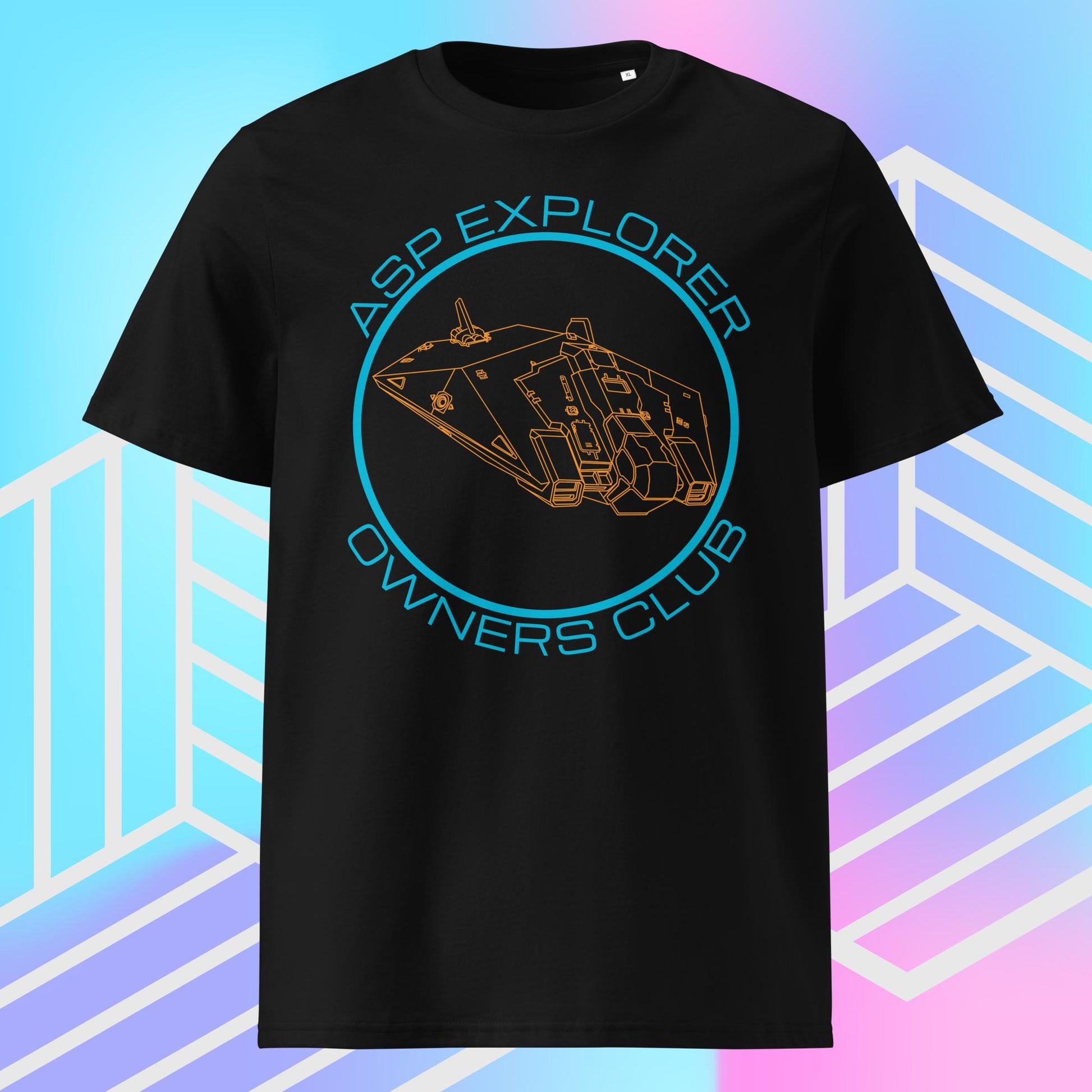 ghost view of black Asp Explorer Owners club t-shirt in orange and blue, with wireframe image of Asp explorer and text round a circle. The backdrop is blue, pink and purple gradient with white graphics.