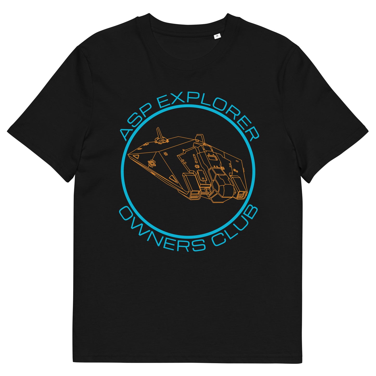 flatlay view of black Asp Explorer Owners club t-shirt in orange and blue, with wireframe image of Asp explorer and text round a circle. 
