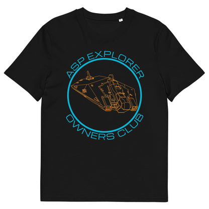 flatlay view of black Asp Explorer Owners club t-shirt in orange and blue, with wireframe image of Asp explorer and text round a circle. 
