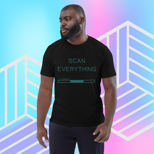 Front view of man wearing black organic cotton gamer merch t-shirt with mint green "Scan Everything " slogan and scanning progress bar graphic. The backdrop is blue, pink and purple gradient with white graphics.
