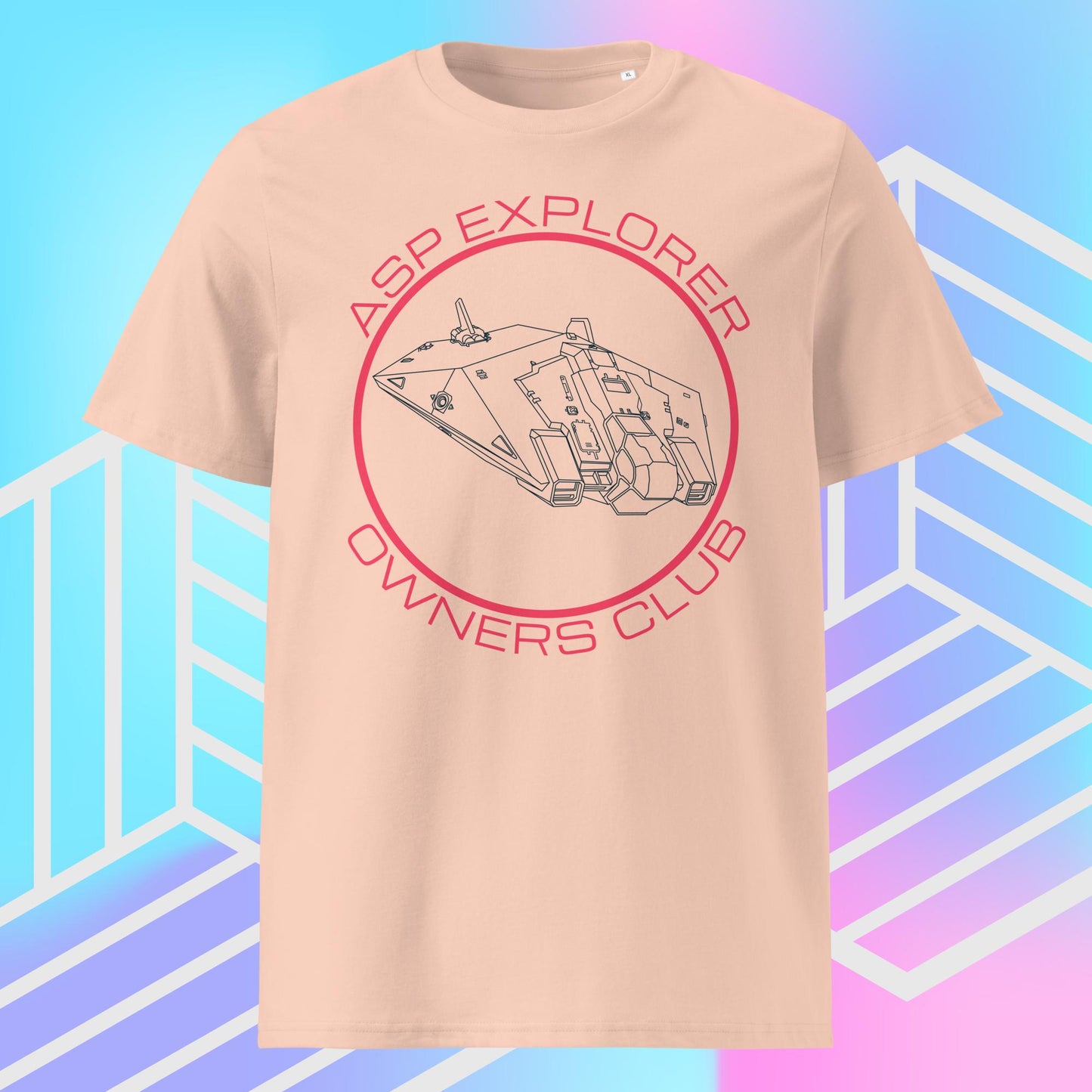 ghost view of peach Asp Explorer Owners club t-shirt in midnight blue and pink, with wireframe image of Asp explorer and text round a circle. The backdrop is blue, pink and purple gradient with white graphics.