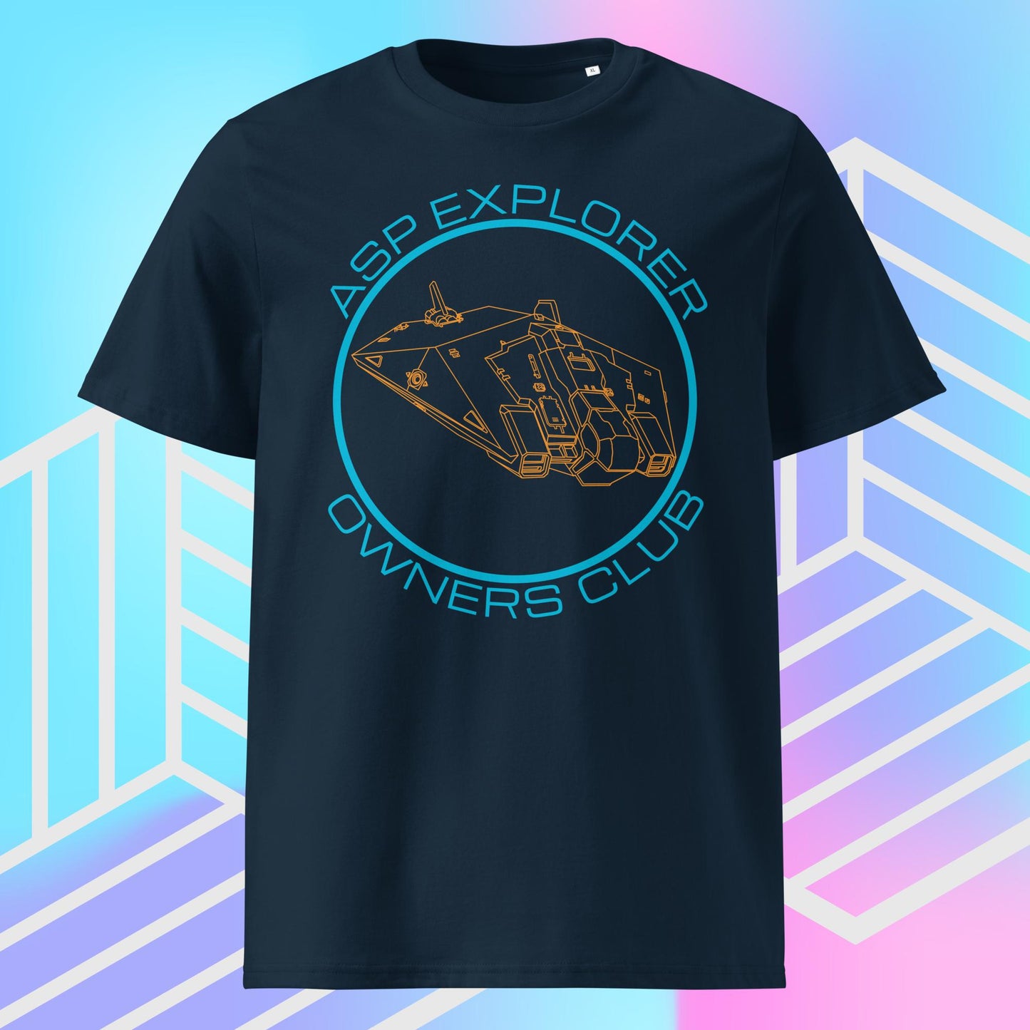 ghost view of navy Asp Explorer Owners club t-shirt in orange and blue, with wireframe image of Asp explorer and text round a circle. The backdrop is blue, pink and purple gradient with white graphics.