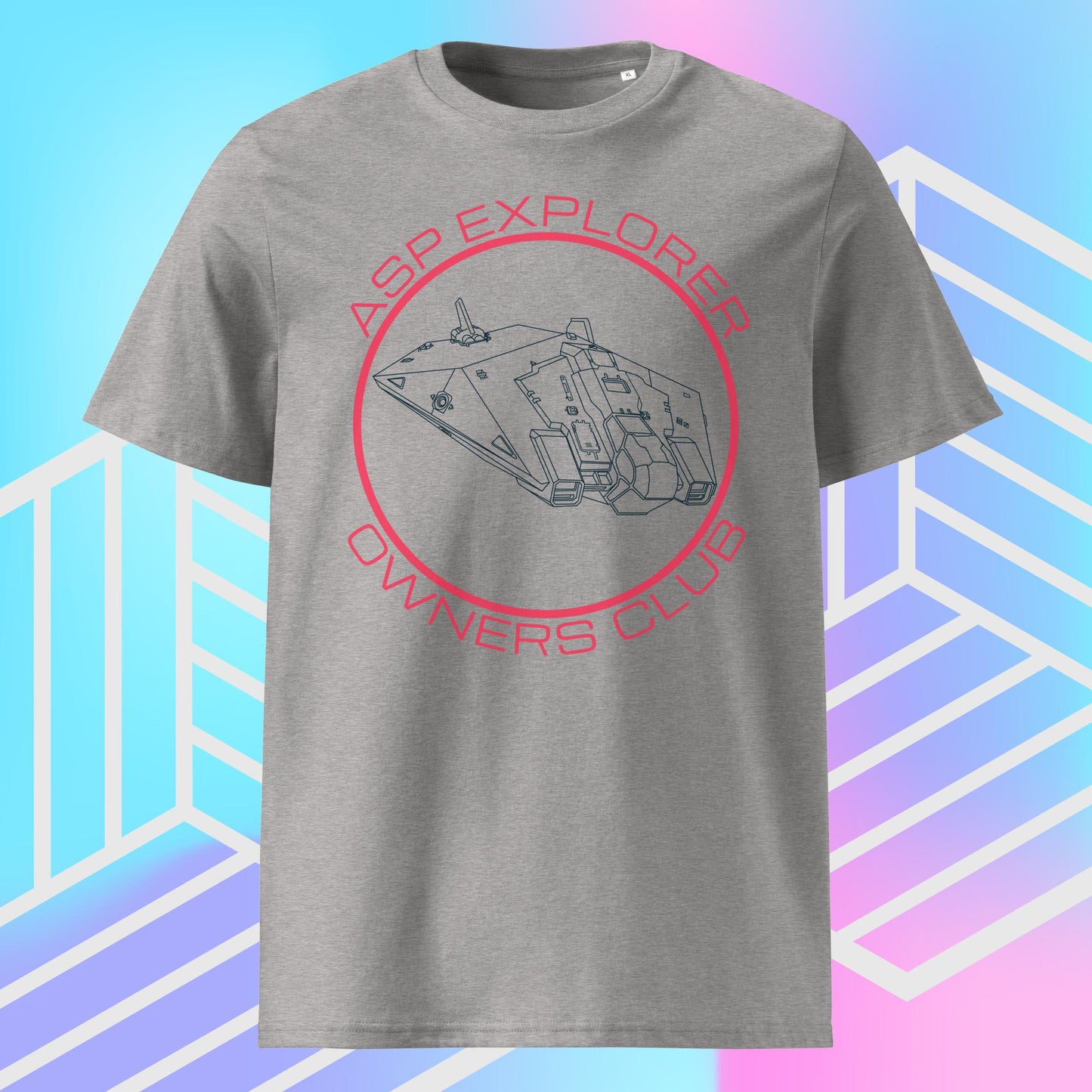 ghost view of heather grey Asp Explorer Owners club t-shirt in midnight blue and pink, with wireframe image of Asp explorer and text round a circle. The backdrop is blue, pink and purple gradient with white graphics.