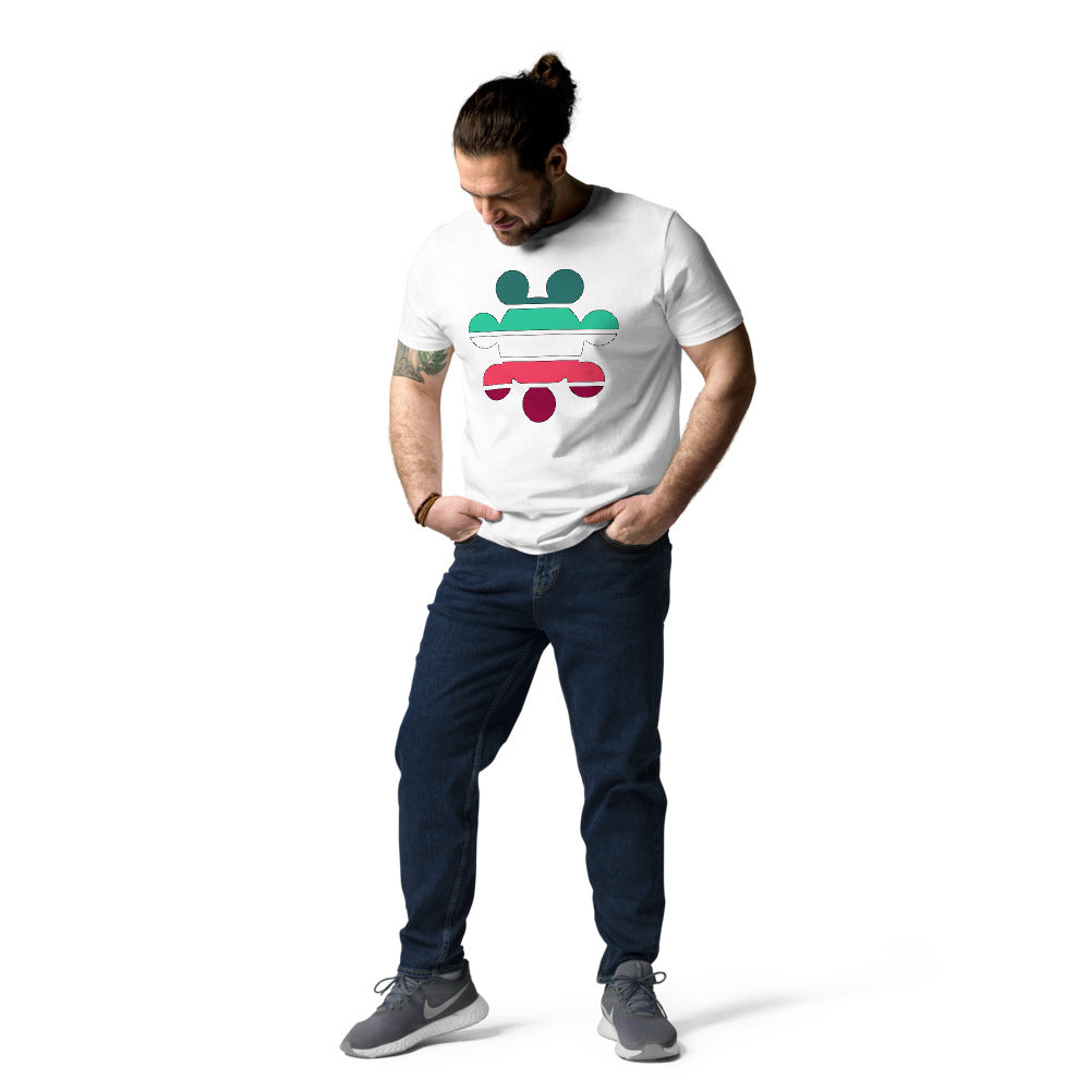 Man wearing white organic cotton t-shirt with Gecko Gamer Gear logo.